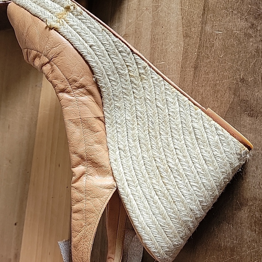 Coach Tan Leather Espadrille Wedge Sandals with Silver Ribbon - Picture 10 of 16